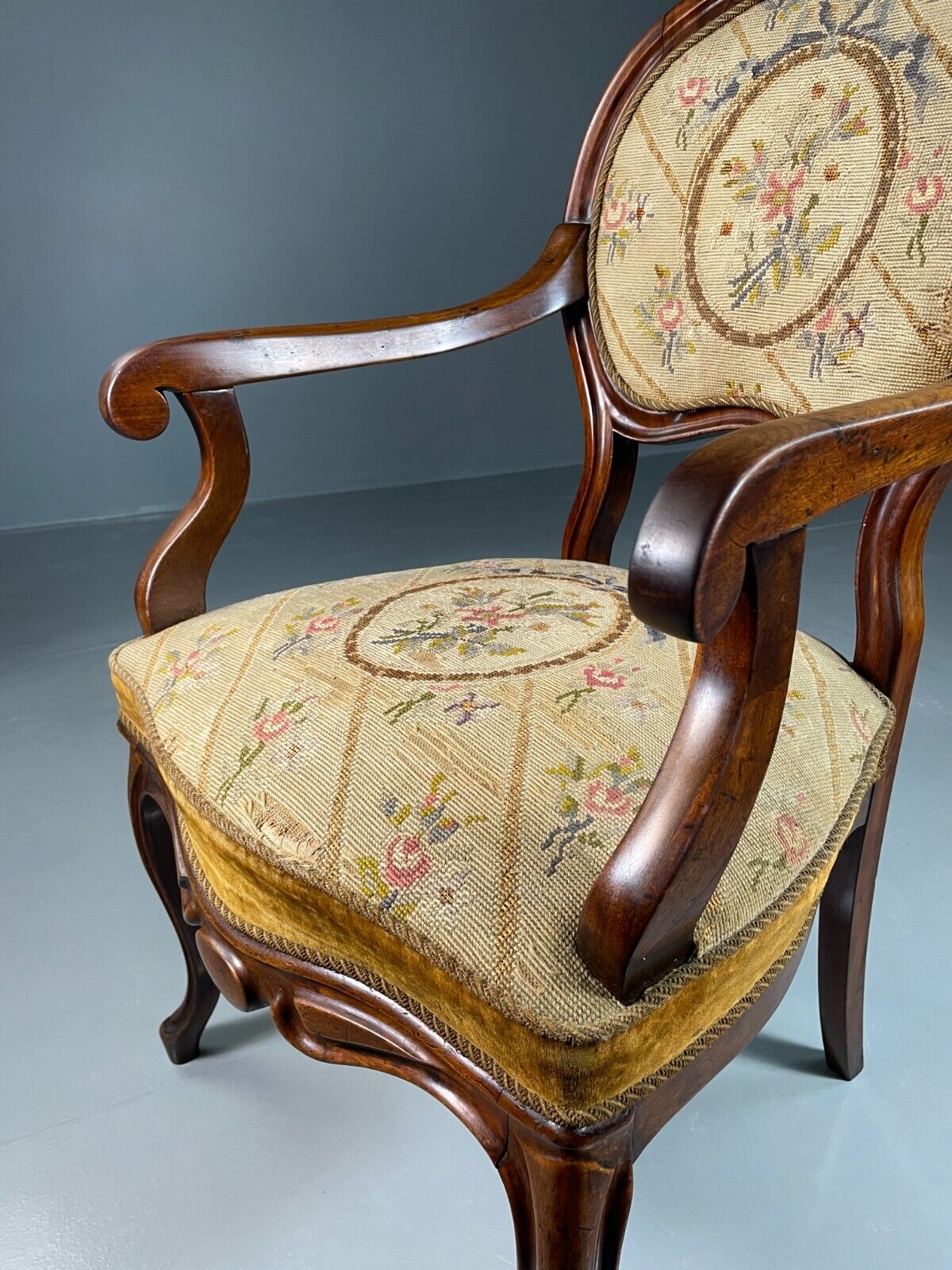 Vintage Danish Fauteuil Chair Mahogany Floral Tapestry Antique EB6453 VCLO - UKDK FURNITURE