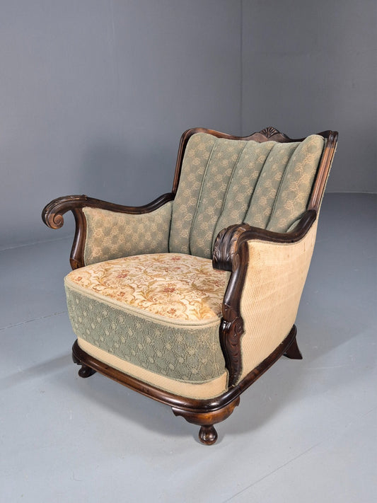 Antique Mahogany Shell Back Cream And Green Armchair Floral Pattern EB9531 VCLO - UKDK FURNITURE