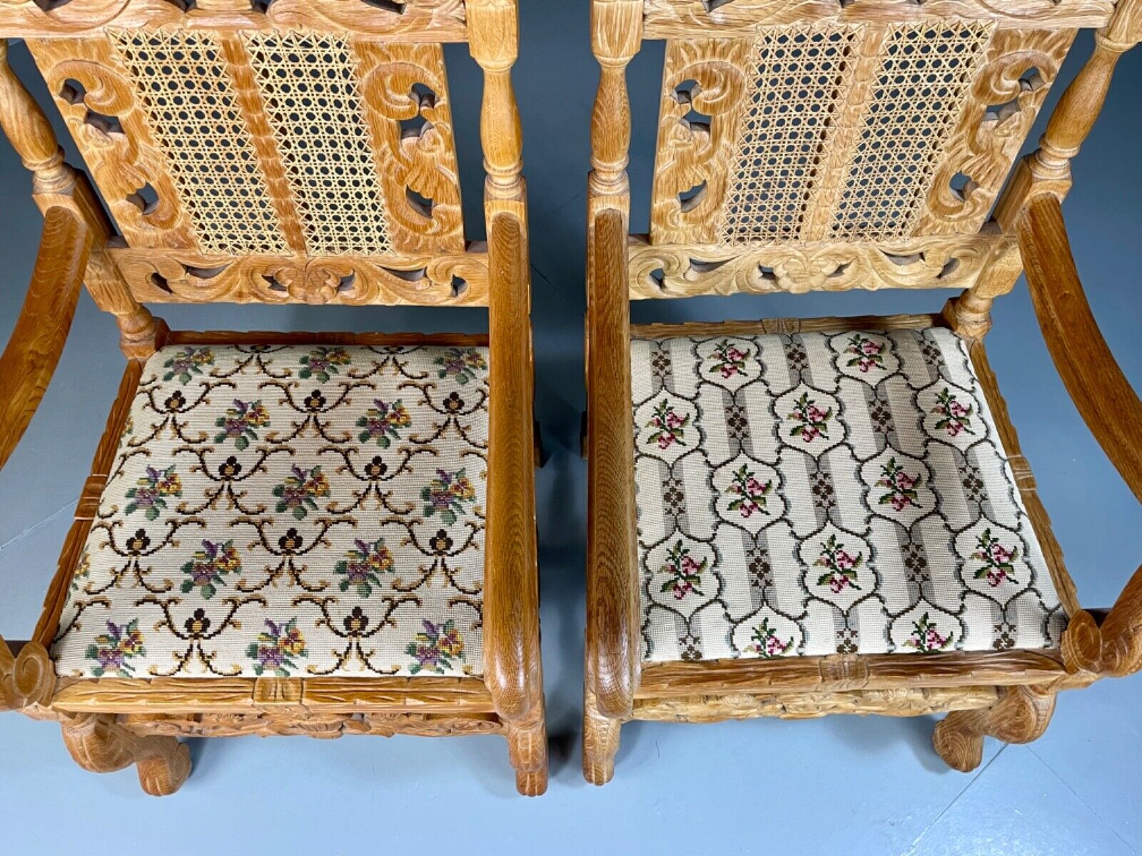 EB5172 2 Vintage Danish Carved Oak Elbow Chairs. Carolean Style, Antique VCAR - UKDK FURNITURE