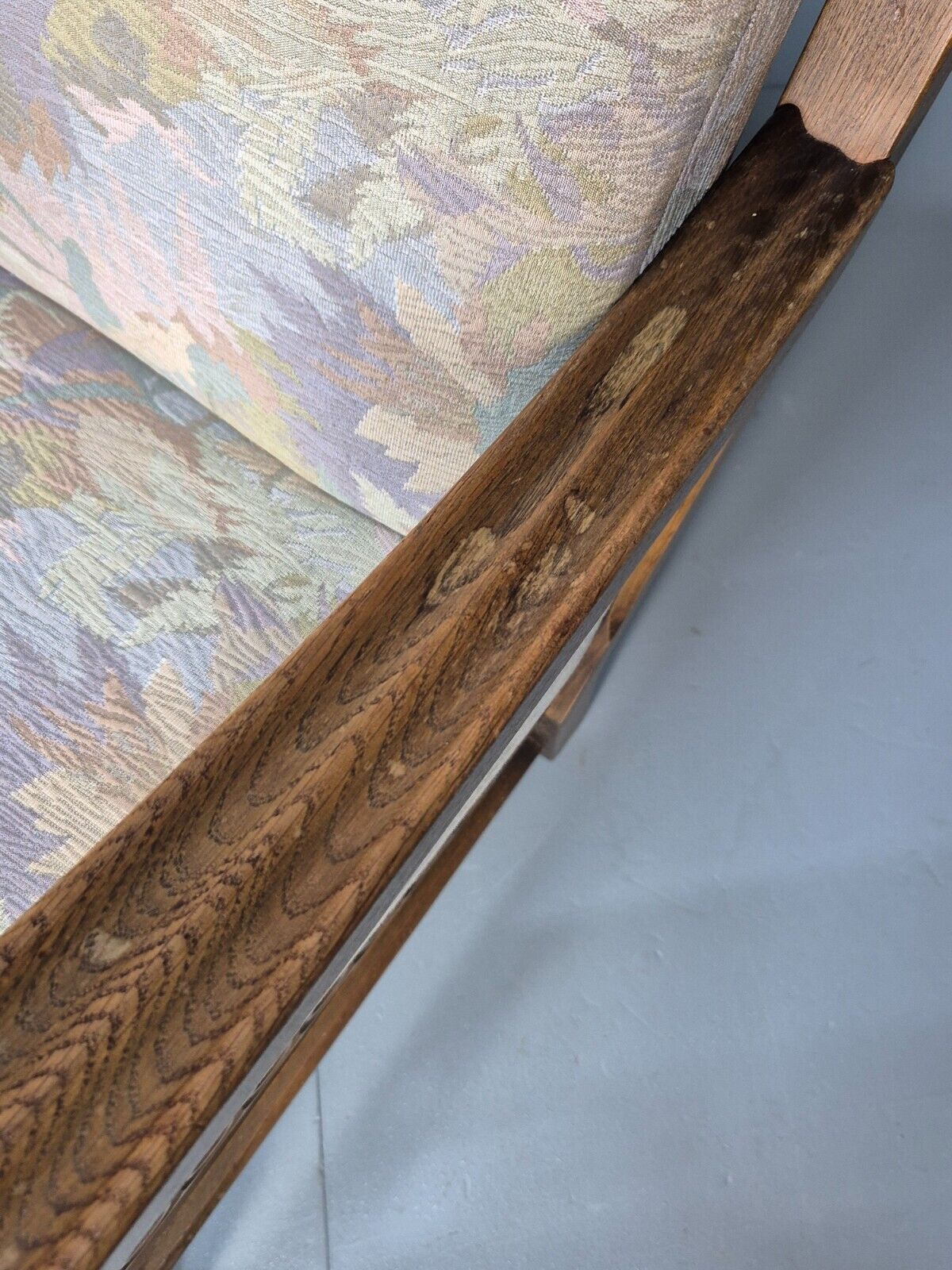 2 Vintage Danish Lounge Chairs Floral Beige Cotton Oak Frame Baroque EB8952 VCLO - UKDK FURNITURE
