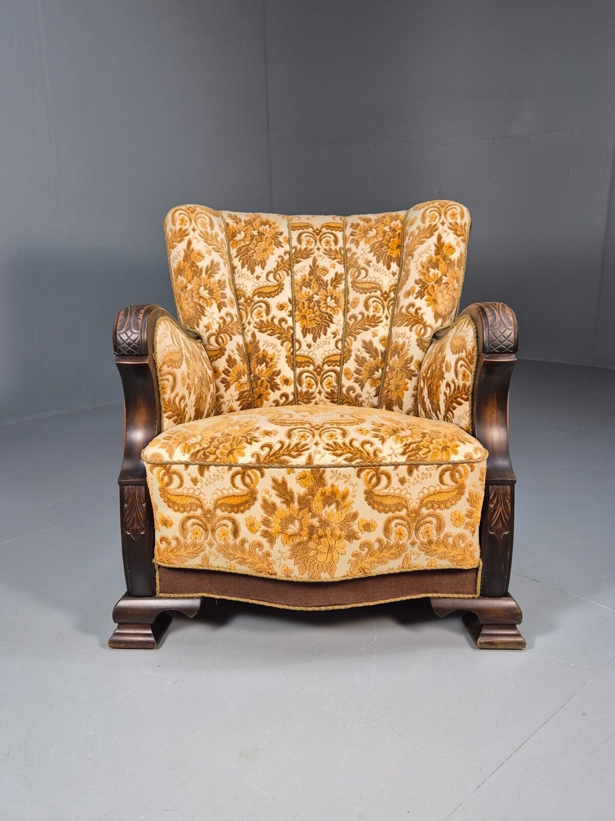 Vintage Danish Lounge Chair Oranges and browns Carved Wood 1950s EB8931 VCLO - UKDK FURNITURE