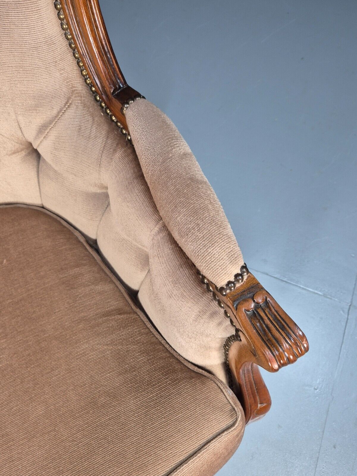 Vintage Danish Lounge Chair Beige Velour Beech Antique French Style EB8930 VCLO - UKDK FURNITURE