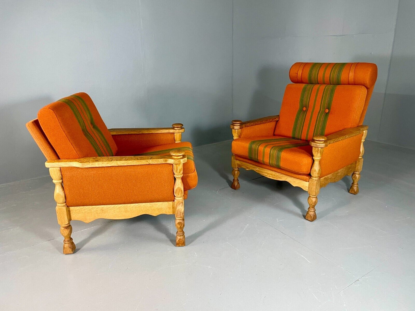 2 Vintage Danish Lounge Chairs Orange Green Oak Kjaernulf Retro MCM EB6716 MNOR - UKDK FURNITURE