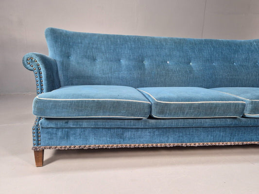 Vintage Danish Mid Century Sofa Bright Blue Velour 1950s Retro MCM EB8934 V3SS - UKDK FURNITURE