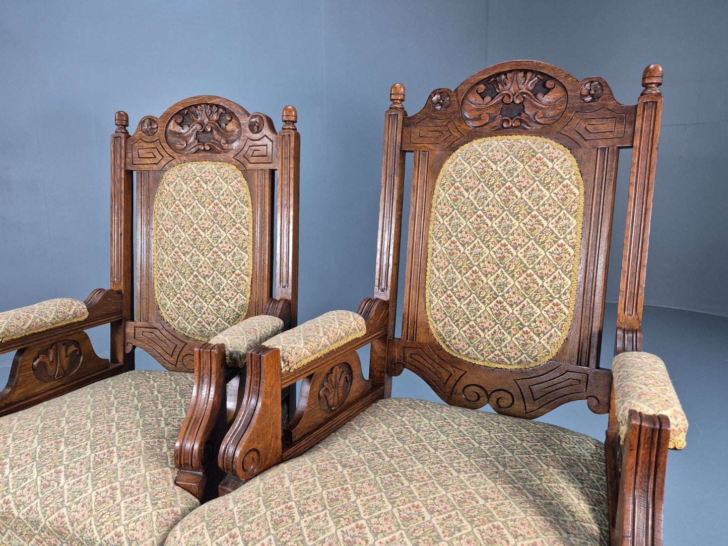 2 Edwardian Carved Oak Lounge Chairs Embroidery Upholstery 1900s EB10690 VCAR15