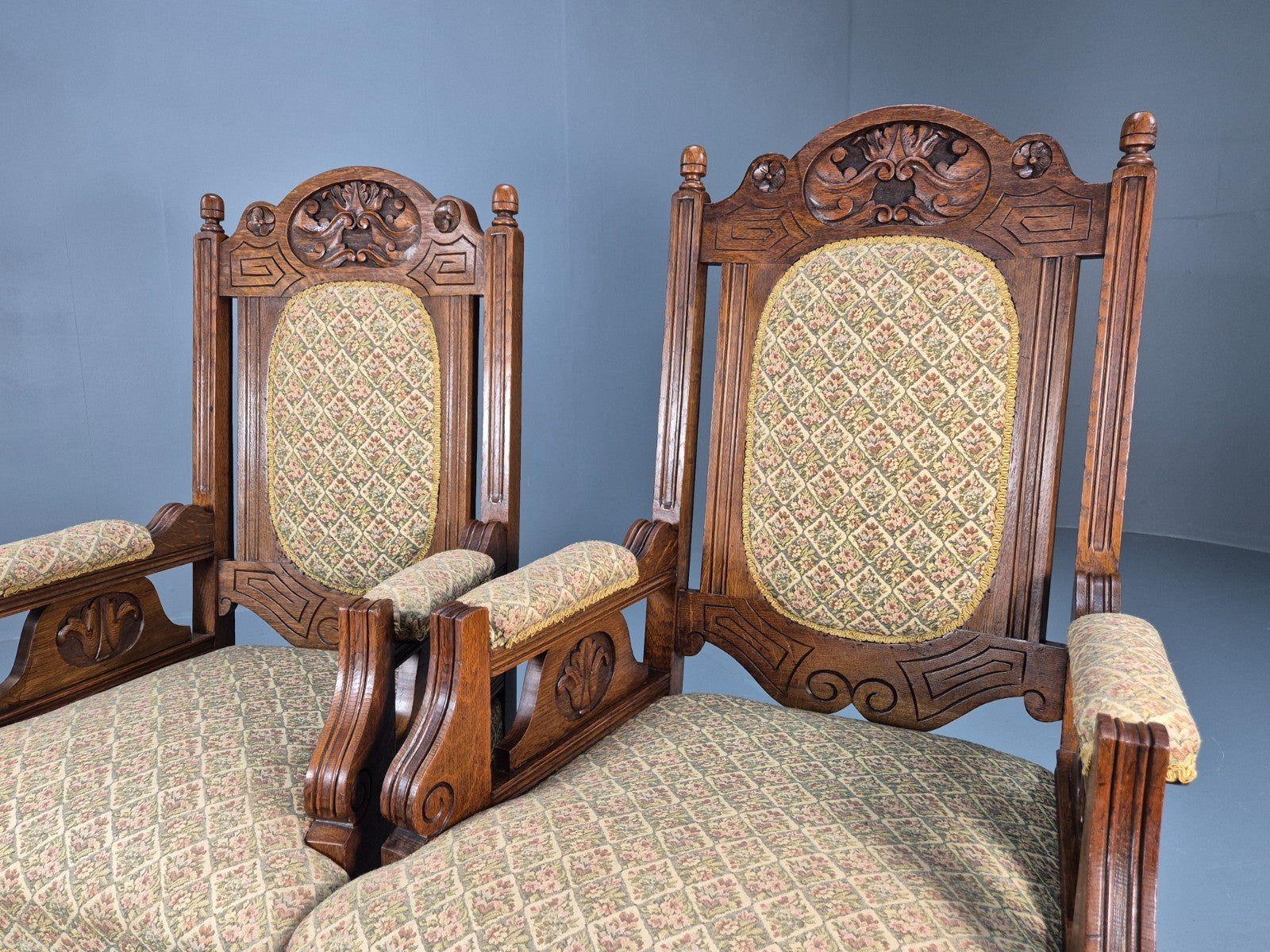 2 Edwardian Carved Oak Lounge Chairs Embroidery Upholstery 1900s EB10690 VCAR15