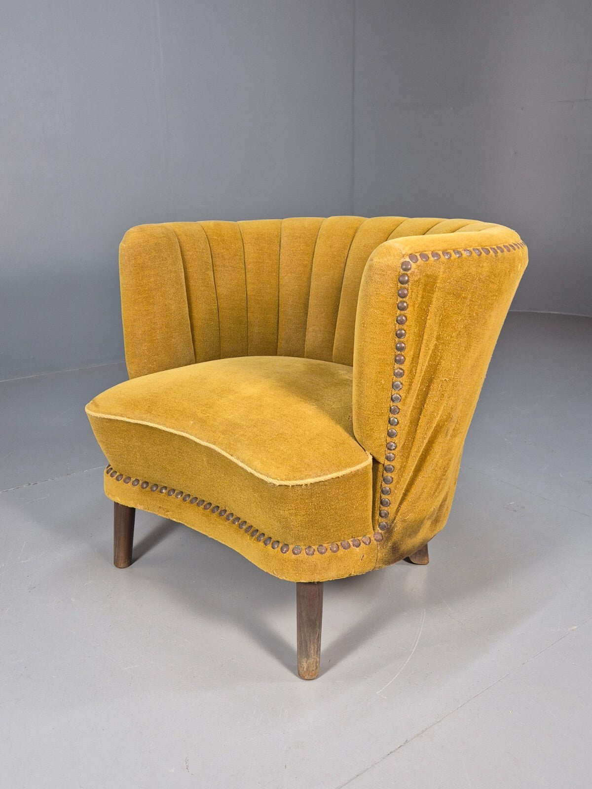 Vintage Danish Art Deco Tub Chair Mustard Velour Shell Back 1940s EB9014 VCLO - UKDK FURNITURE