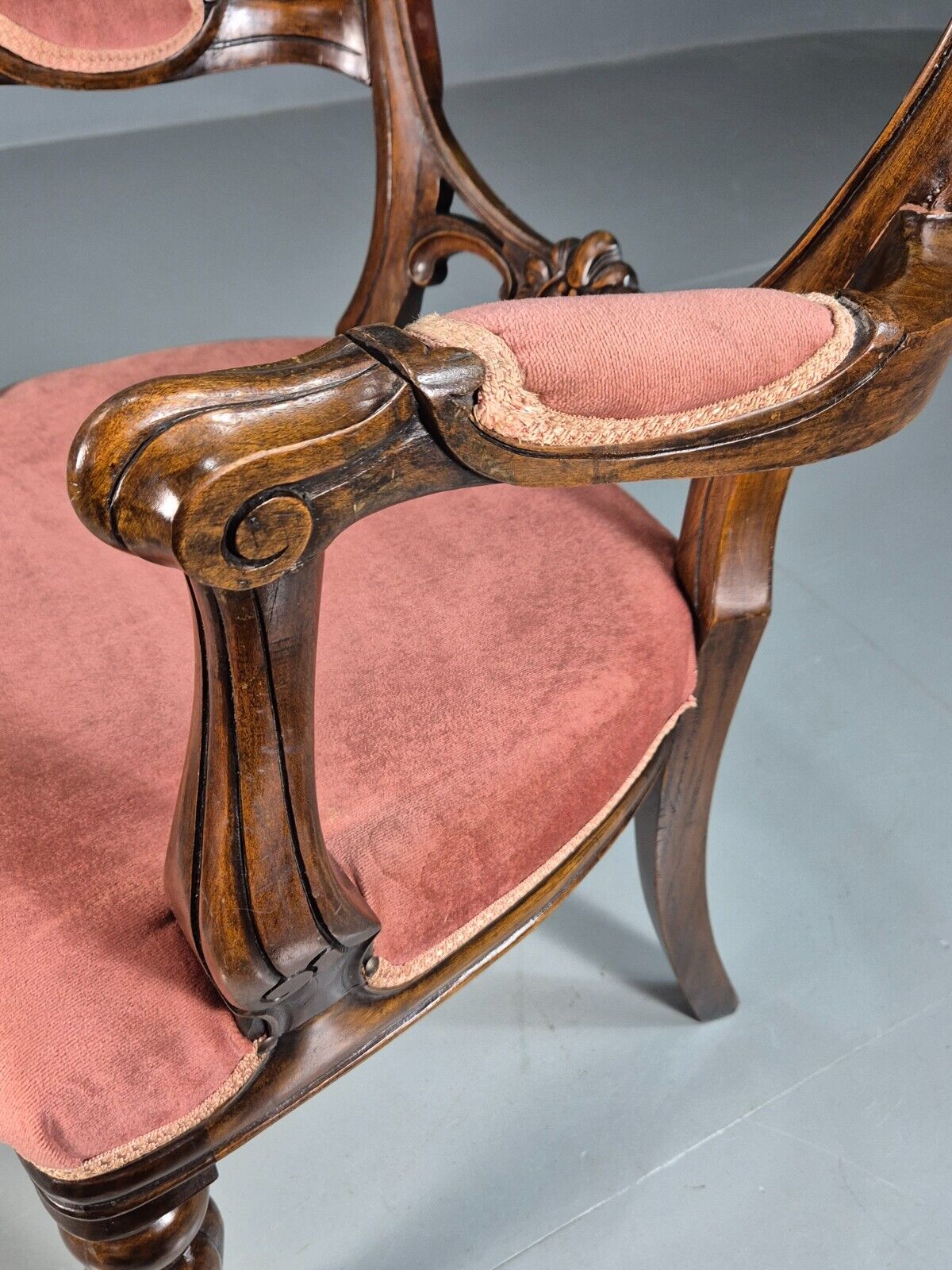 Vintage Elbow Chair Pink Velour Mahogany Frame Balloon Back Antique EB7861 VCAR - UKDK FURNITURE