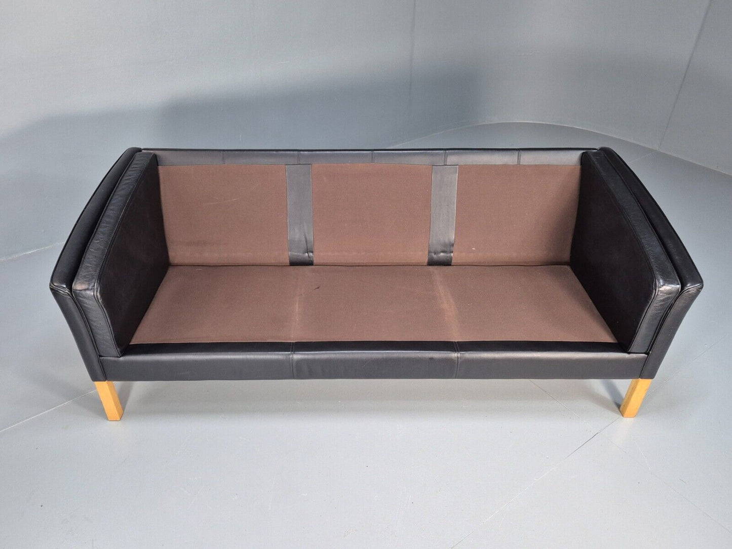 Vintage Danish 3 Seat Sofa Black Leather Straight back Arm Retro MCM EB8622 M3SS - UKDK FURNITURE