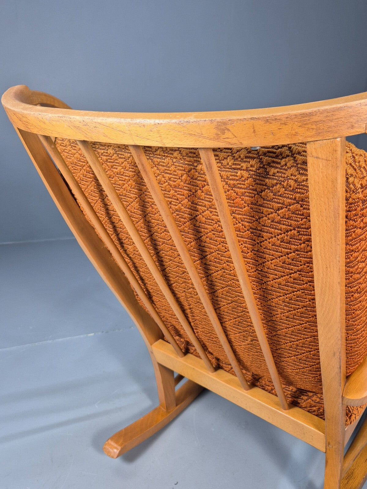 Vintage 1950s Rocking Chair Orange Pattern Fabric Beech Frame Retro EB9481 MNOR - UKDK FURNITURE