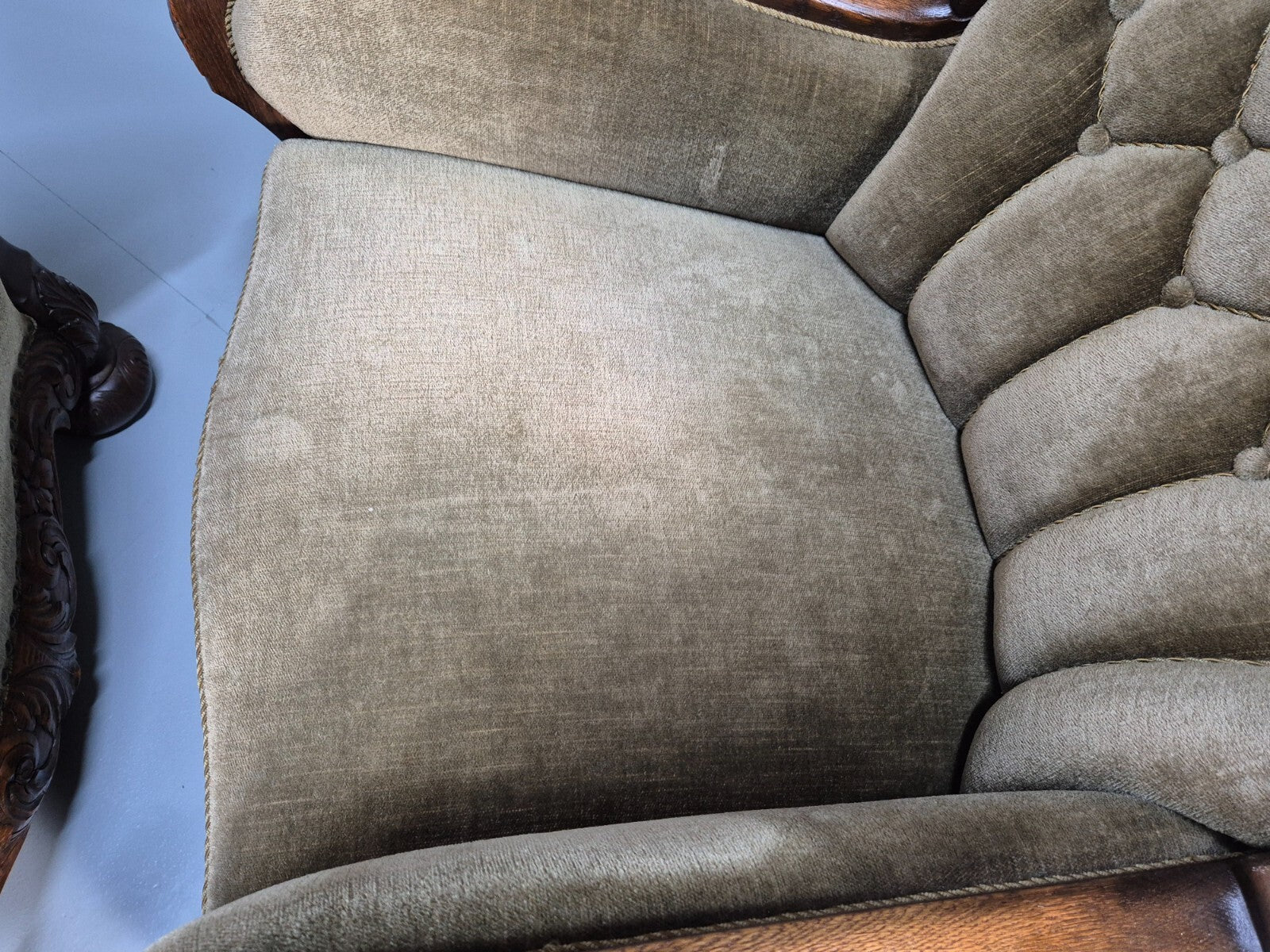 2 Antique Carved oak Danish Lounge Chairs Mink Velour Fan Back 1930s EB9557 VCLO - UKDK FURNITURE