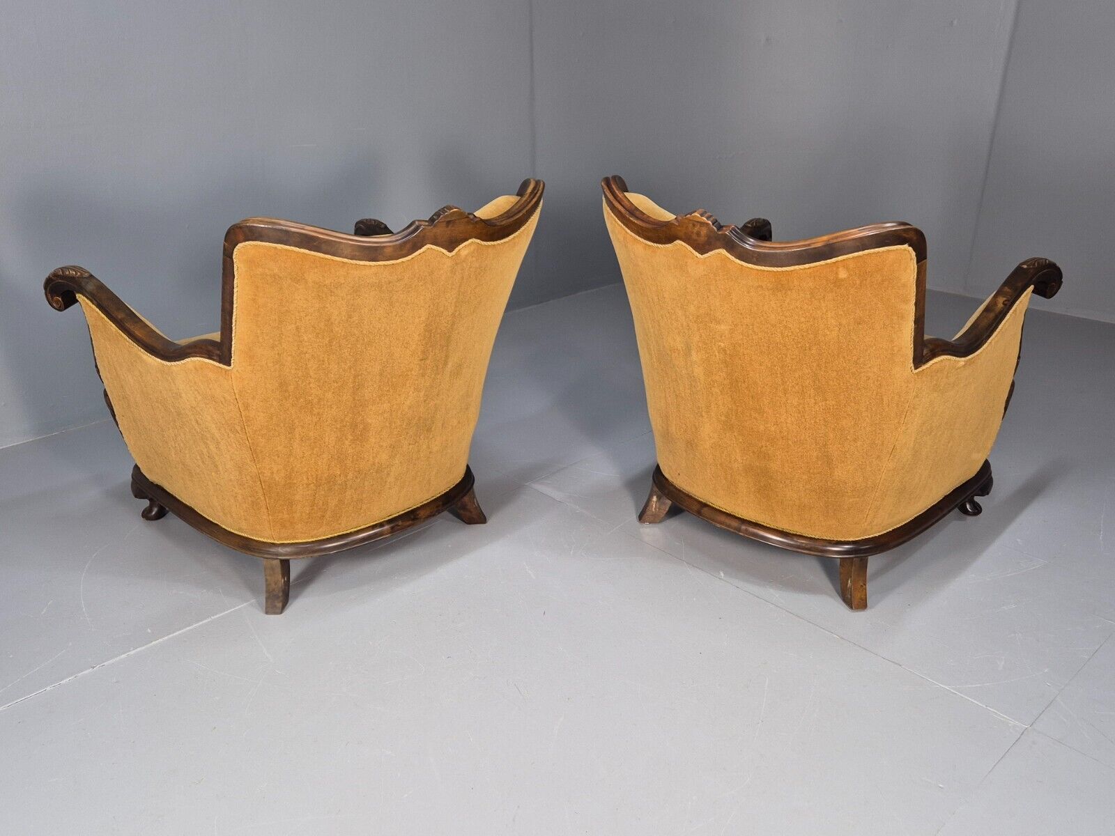 2 Vintage Danish Antique Chairs Gold Velour 1930s Carved Wood EB8969 VCLO - UKDK FURNITURE