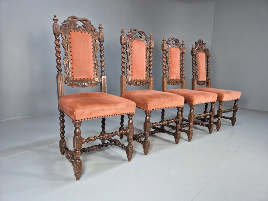 4 Vintage Antique Oak Dining Chairs Barley Twist Baroque 1900s EB9220 VCAR - UKDK FURNITURE