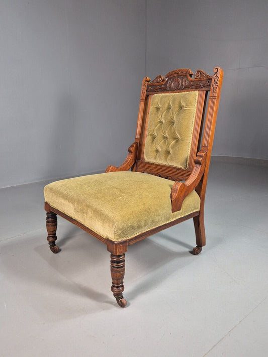Vintage Lounge Chair Green Velour Oak Frame Victorian Antique EB8221 VCLO - UKDK FURNITURE