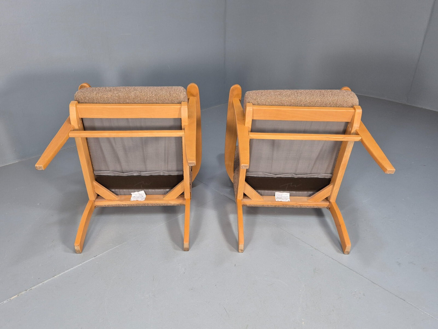 Vintage Oatmeal Armchairs Beech Frame Pair Retro Design EB9489 MNOR - UKDK FURNITURE