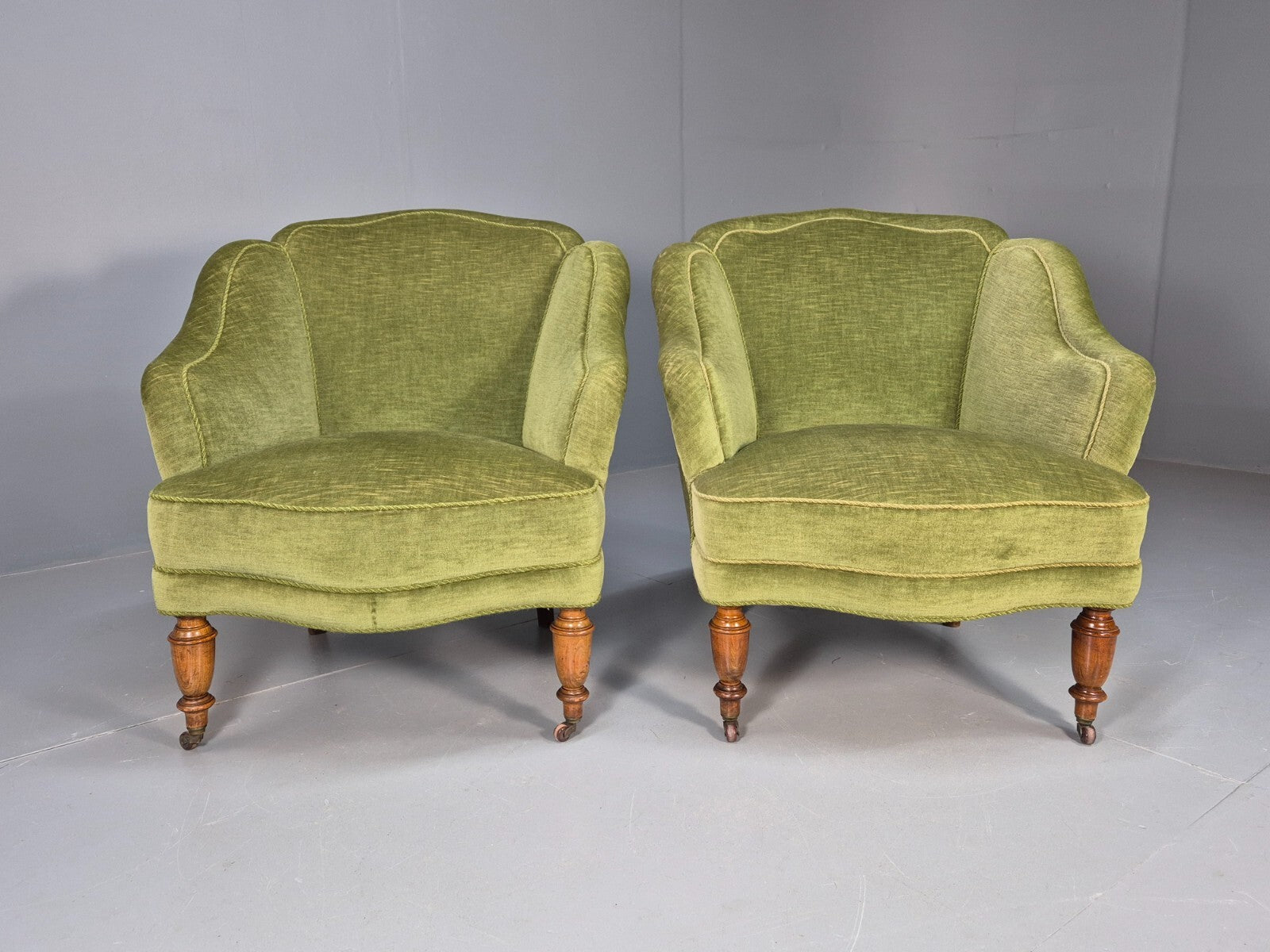 2 Vintage Danish Antique Tub Chairs Green Velour 19th Century EB9033 VCLO - UKDK FURNITURE