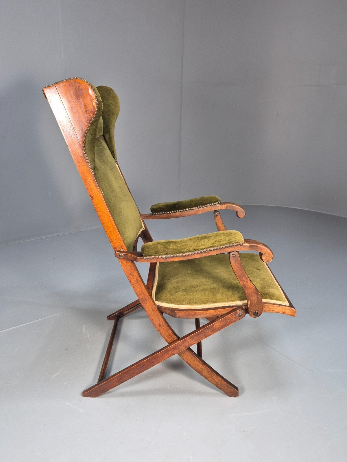 Antique Campaign Chair in Green Velour and Mahogany Victorian EB9696 VCLO - UKDK FURNITURE