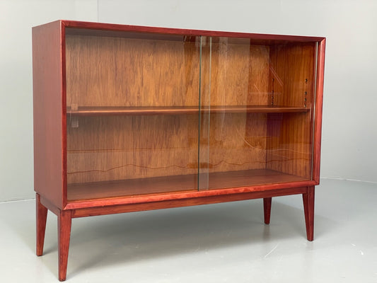 Vintage 1960s Oak Bookcase Red Stained Glazed Front Adjustable Shelf EB9763 MWOO - UKDK FURNITURE
