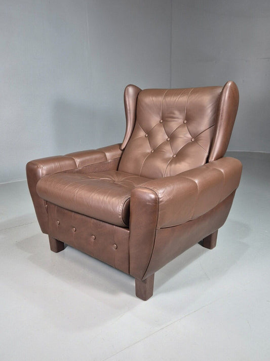 Vintage Danish Wingback Chair Brown Leather 1970s Retro MCM EB7482 MNOR - UKDK FURNITURE