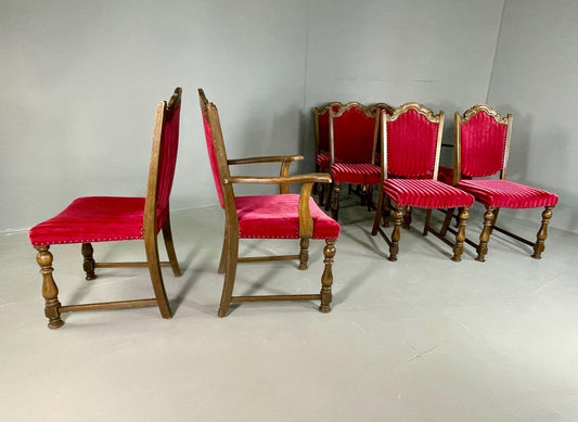 8 Vintage Danish Gothic Oak Dining Chairs Red Corduroy 1960s Retro EB6750 VDIN1