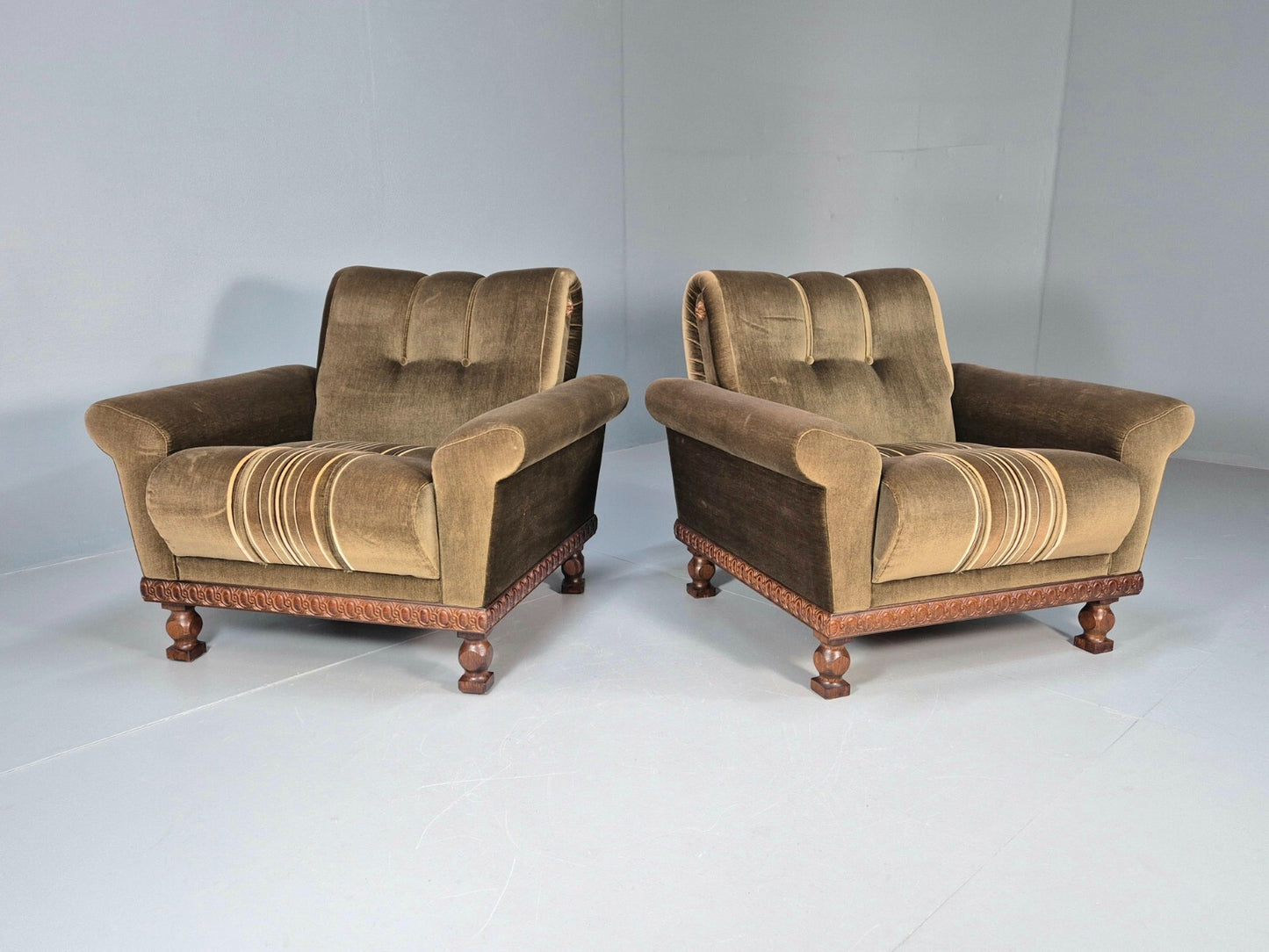 2 Vintage Danish Green Velour Armchairs Oak trim 1970 Quality Retro EB9027 VCLO - UKDK FURNITURE