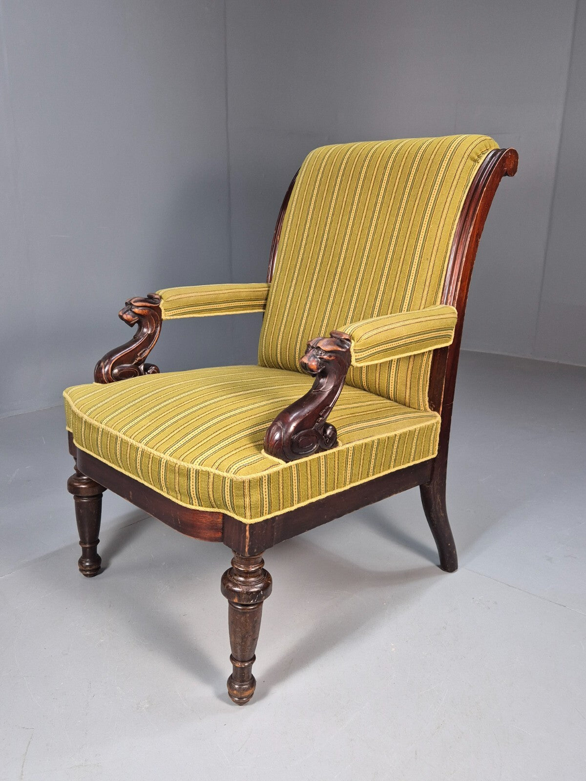 Antique Green Striped Armchair Carved Lion Figures Danish Mahogany EB9626 VCAR - UKDK FURNITURE