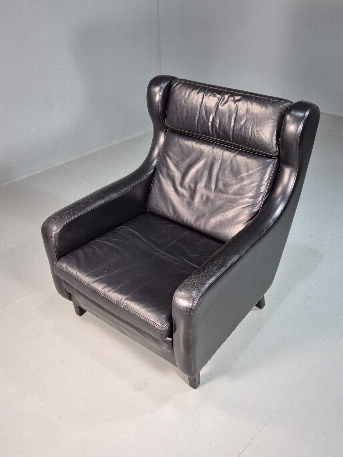 Vintage Danish Lounge Chair Black Leather Wingback 1970s Retro MCM EB8237 MNOR - UKDK FURNITURE