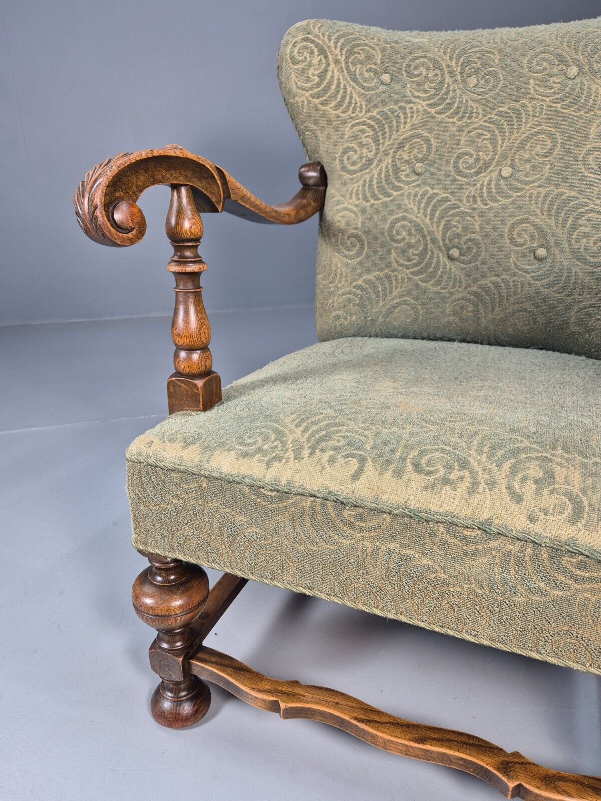 Vintage Danish Lounge Chair Green Moquette Carved Oak Frame 1940s EB8981 VCLO - UKDK FURNITURE