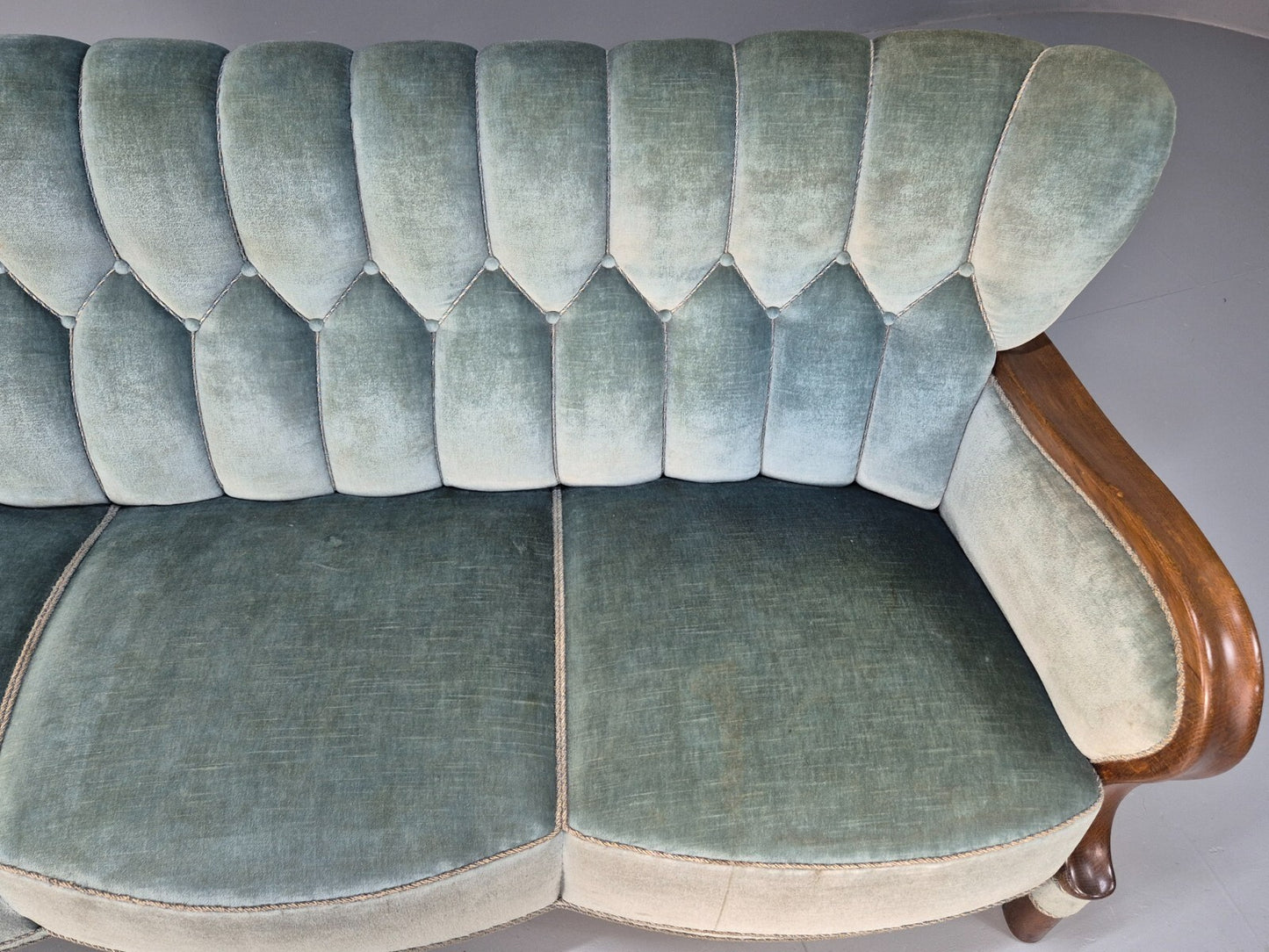 Vintage Danish Art Deco Sofa Blue Velvet Velour Oak Frame Shell Back EB9591 V3SS - UKDK FURNITURE