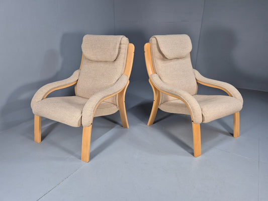 Bentwood Lounge Chairs Pair Oatmeal Fabric Beech Wood Danish Design EB9251 MBEN - UKDK FURNITURE