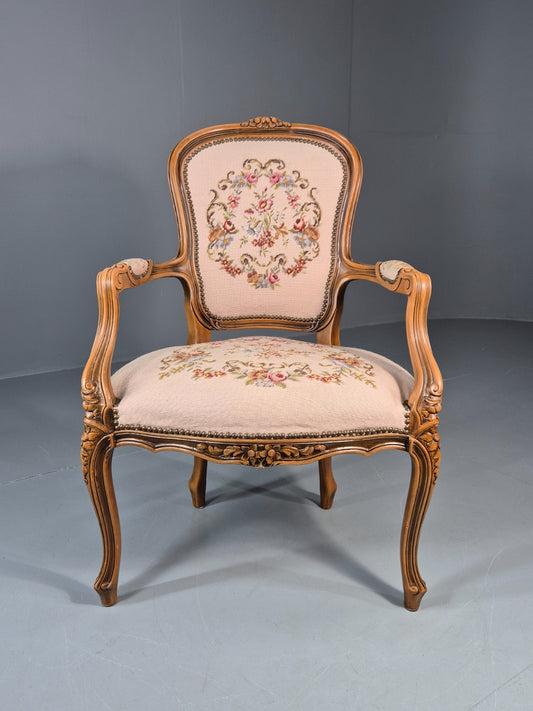 French Rococo Fauteuil Chair Floral Embroidered 1960s Retro EB10777 VDIN1