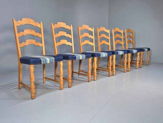 Six Oak Dining Chairs Blue Fabric Henning Kjaernulf Style Vintage EB9361 MDIN - UKDK FURNITURE