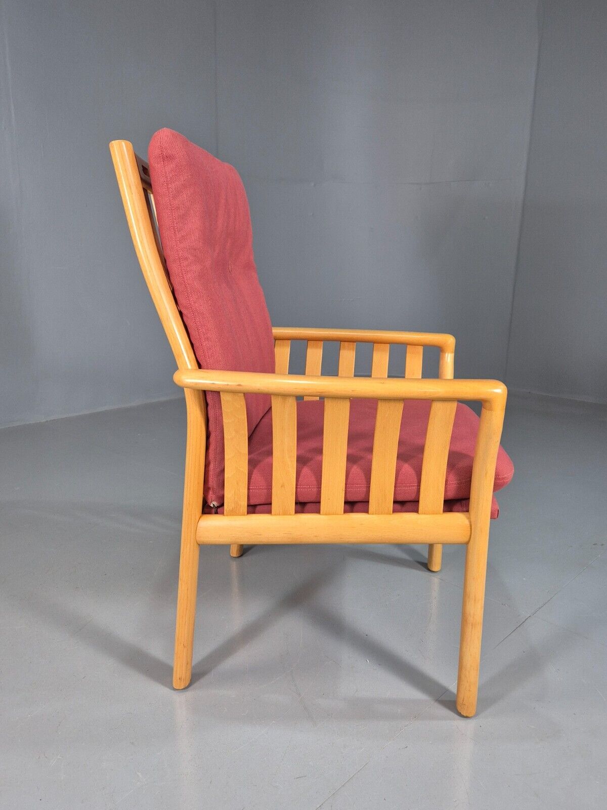 Vintage Danish Lounge Chair Red Cotton Beech Wood Frame 1980s Retro EB7490 MNOR - UKDK FURNITURE