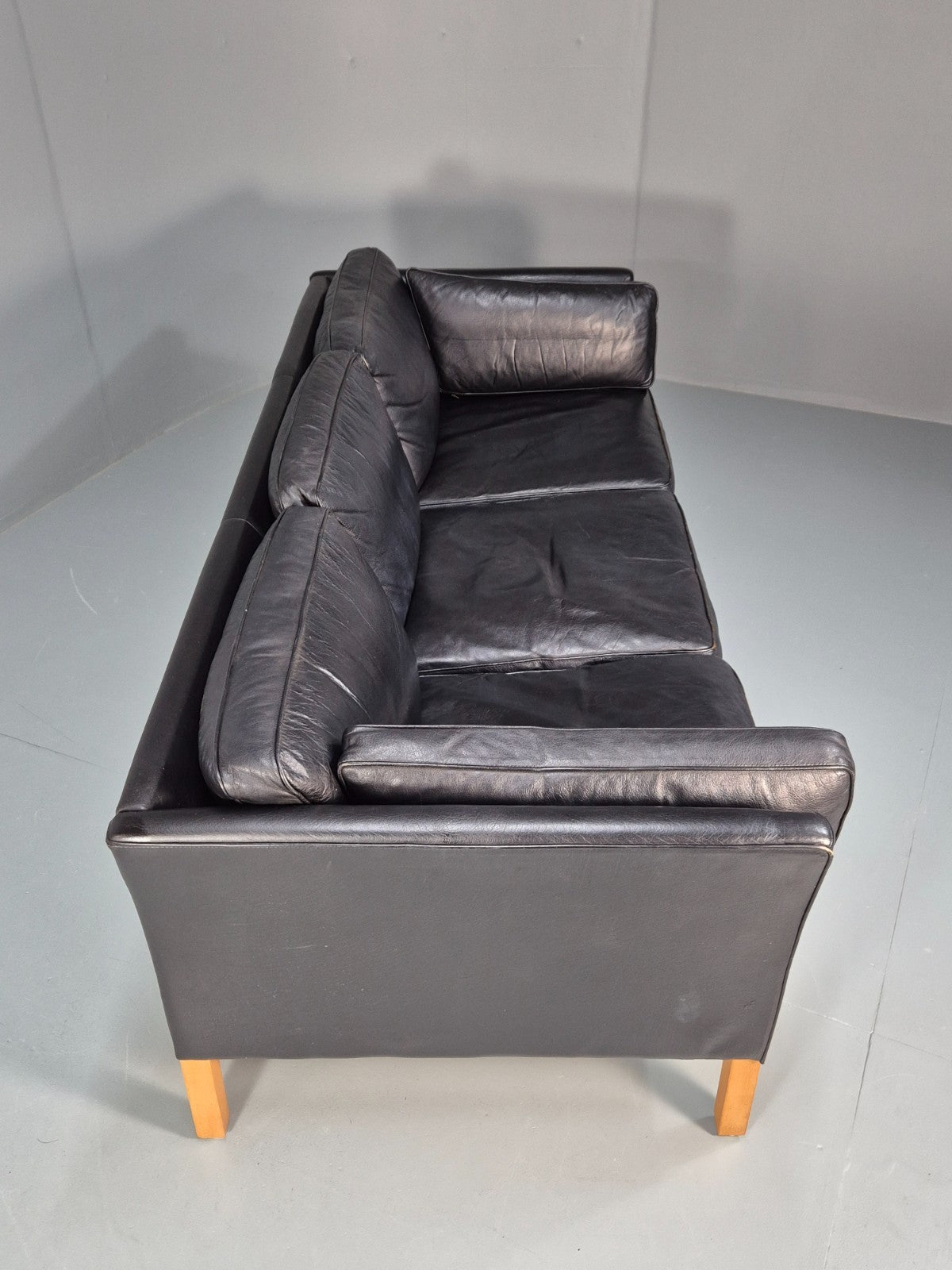 Mid Century Three Seater Sofa Vintage Danish Black Leather Retro EB10114 M3SS14