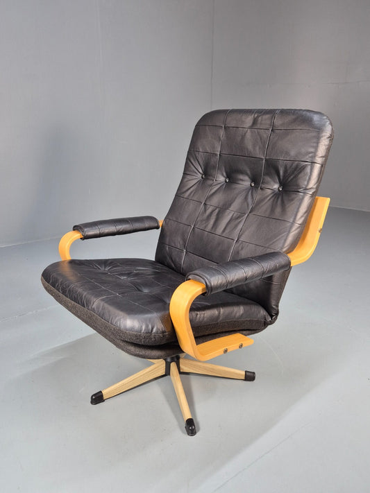 Vintage Danish Black Leather and Vinyl Swivel Chair 1980s Retro MCM EB9296 MSWI - UKDK FURNITURE
