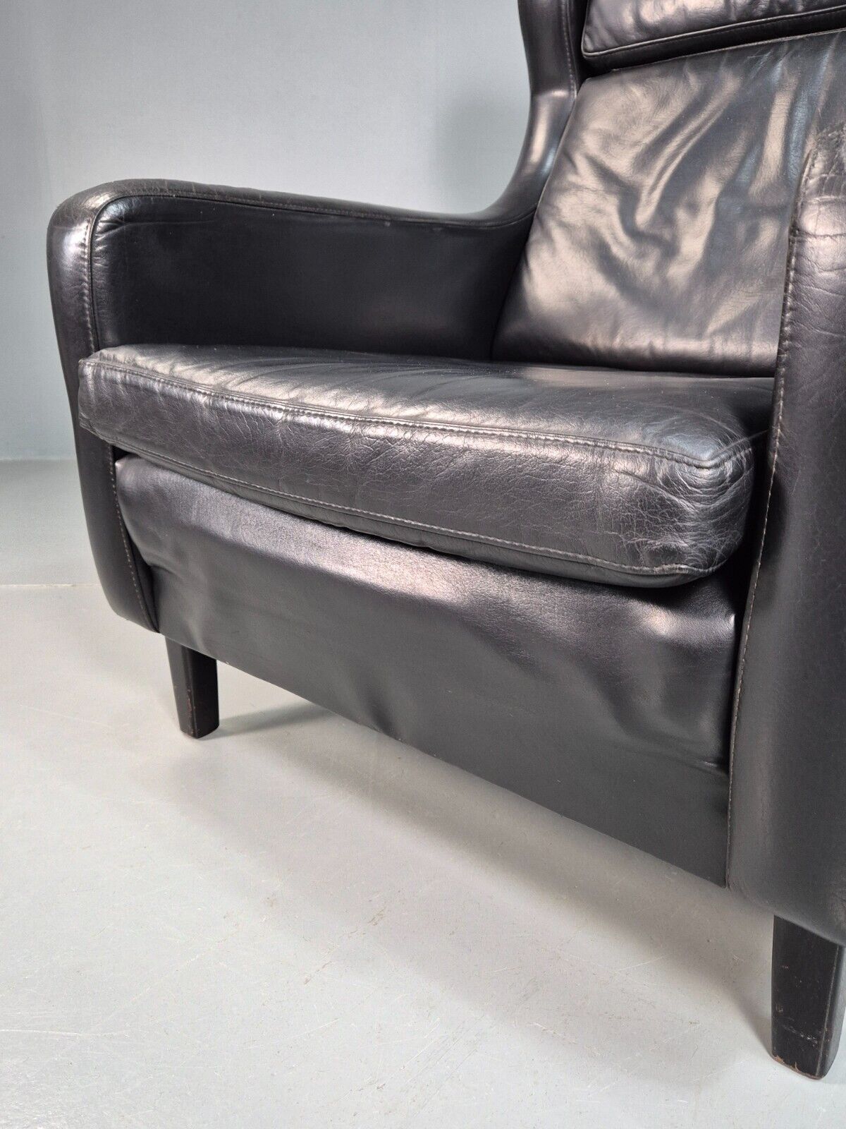 Vintage Danish Lounge Chair Black Leather Wingback 1970s Retro MCM EB8237 MNOR - UKDK FURNITURE