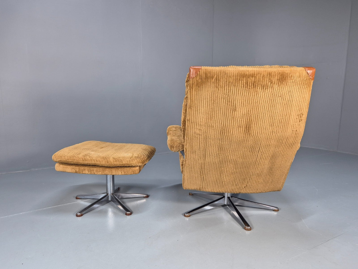 1970s Swivel Chair and Footstool Gold Corduroy Chrome Danish Elu EB10688 MSWI3