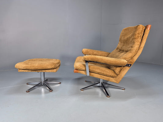 1970s Swivel Chair and Footstool Gold Corduroy Chrome Danish Elu EB10688 MSWI1