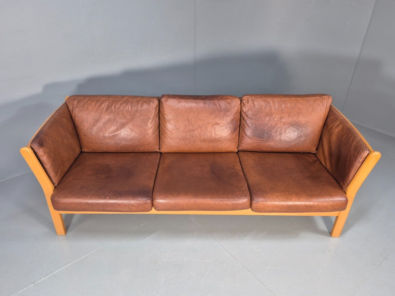Vintage Danish 3 Seat Sofa Tan Leather Beech Ends Stouby Style MCM EB8751 M3SS - UKDK FURNITURE