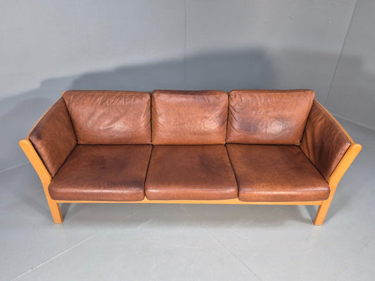 Vintage Danish 3 Seat Sofa Tan Leather Beech Ends Stouby Style MCM EB8751 M3SS - UKDK FURNITURE