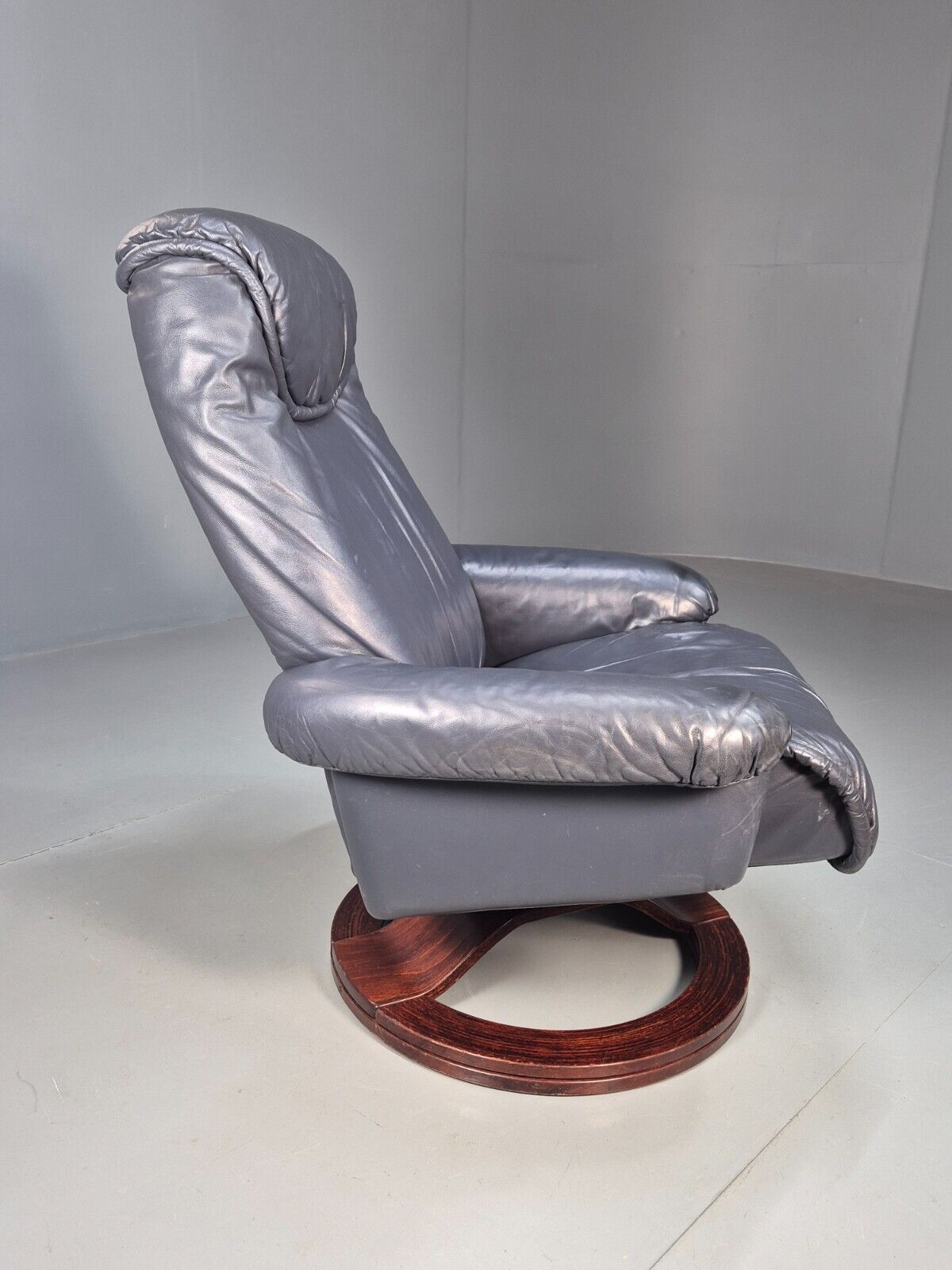 Vintage Danish Swivel Chair Blue Grey Leather Reclines 1980s Retro Eb8465 MSWI - UKDK FURNITURE