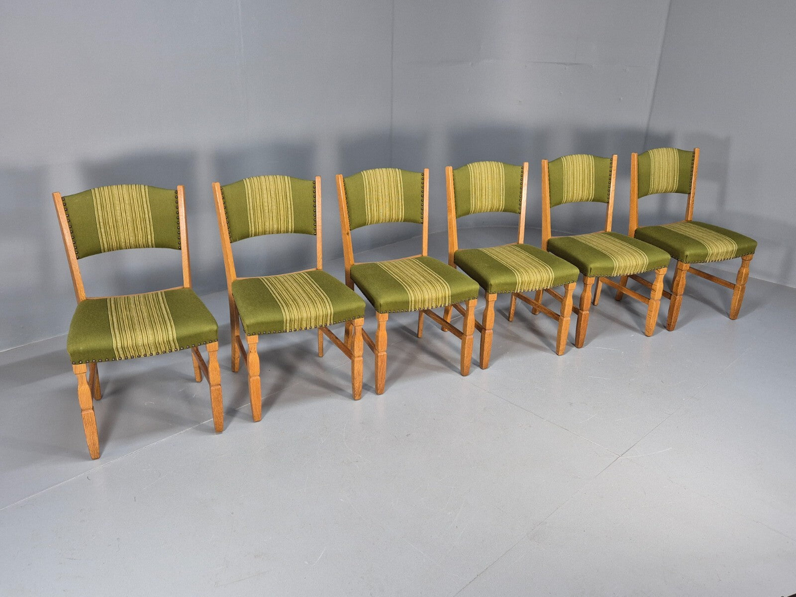 6 Kjaenulf Oak Danish Dinning Chairs Green Stripe Upholstery 1970s EB9536 MDIN - UKDK FURNITURE