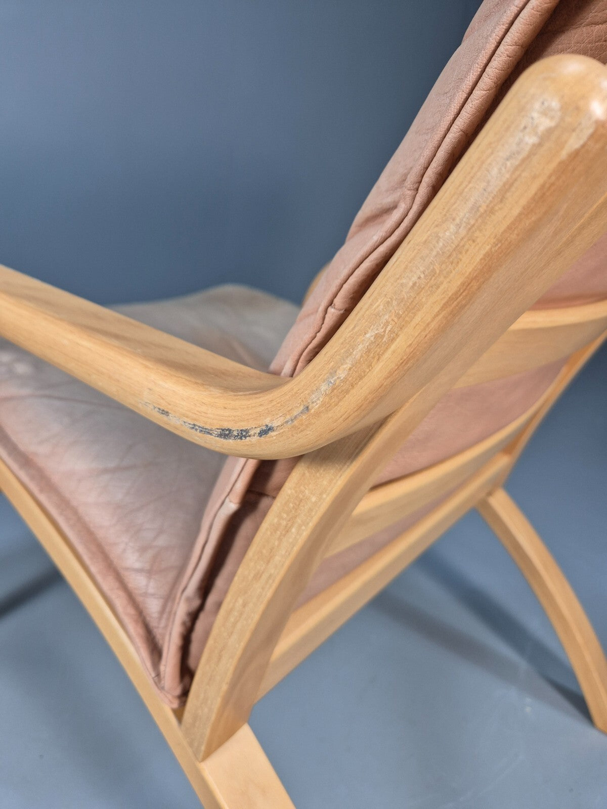 Vintage Stouby Tan Leather and Bentwood Lounge Chair 1980s Retro EB9293 MNOR - UKDK FURNITURE