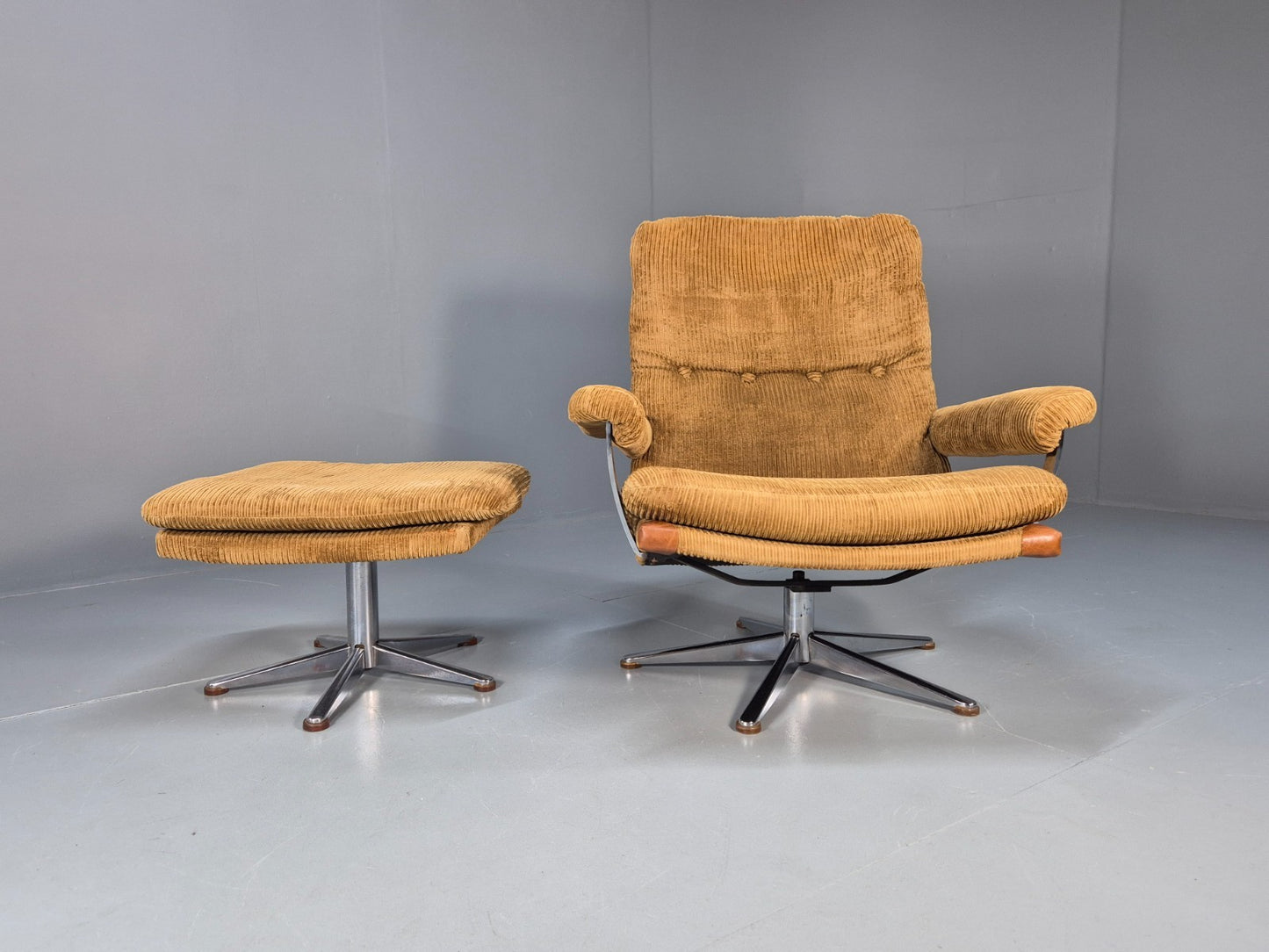 1970s Swivel Chair and Footstool Gold Corduroy Chrome Danish Elu EB10688 MSWI16