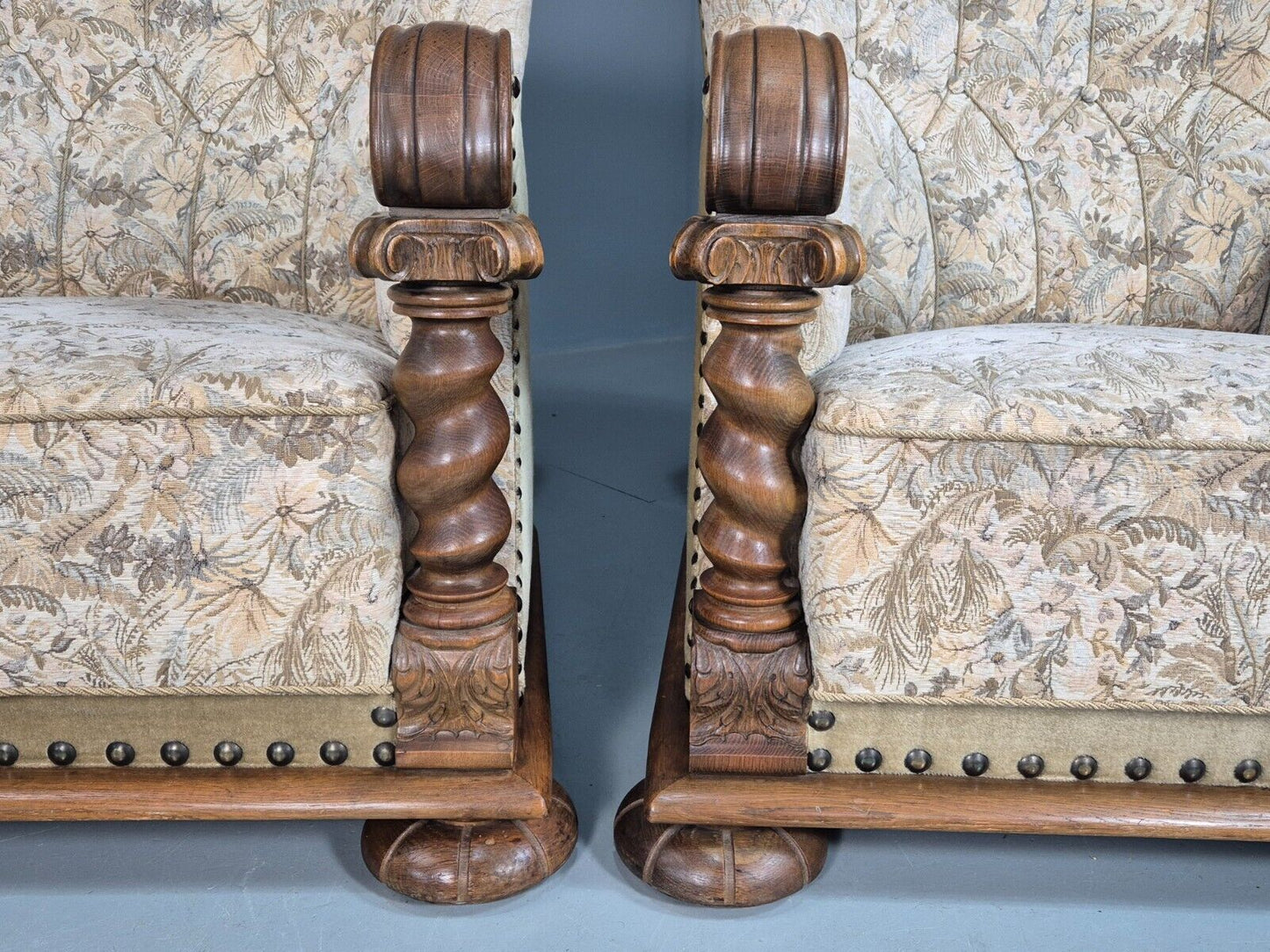 2 Vintage Danish Lounge Chair Floral Cotton Oak Detailing Antique Deco 1920 VCLO - UKDK FURNITURE