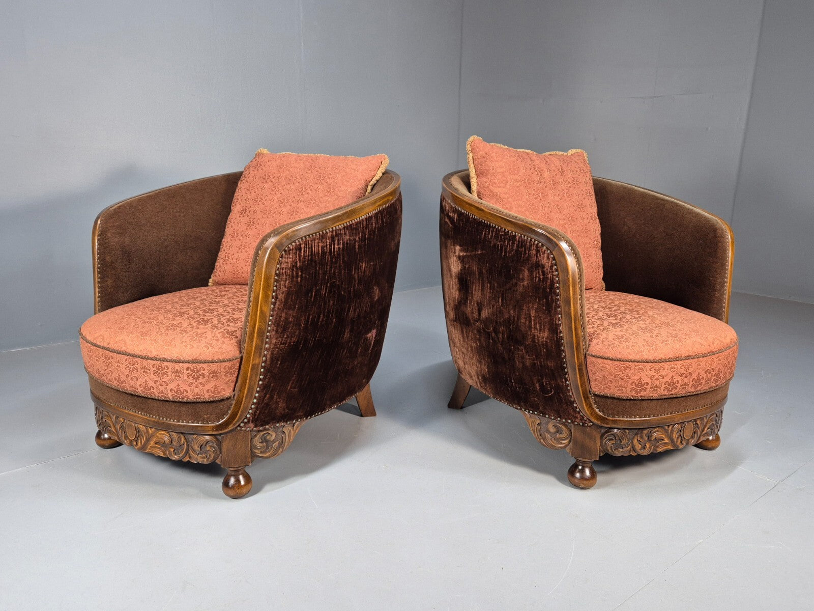 2 Vintage Art Deco Danish Tub Lounge Chairs Damask and Velvet 1940s EB9004 VCLO - UKDK FURNITURE