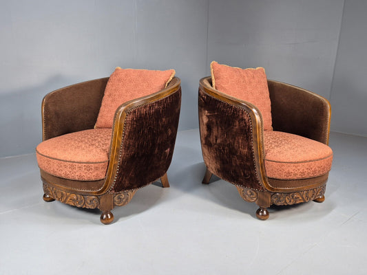 2 Vintage Art Deco Danish Tub Lounge Chairs Damask and Velvet 1940s EB9004 VCLO - UKDK FURNITURE
