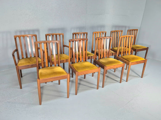 10 Vintage Meredew Teak Dining Chairs Gold Velour Upholstery 1970s EB9411 MDIN - UKDK FURNITURE