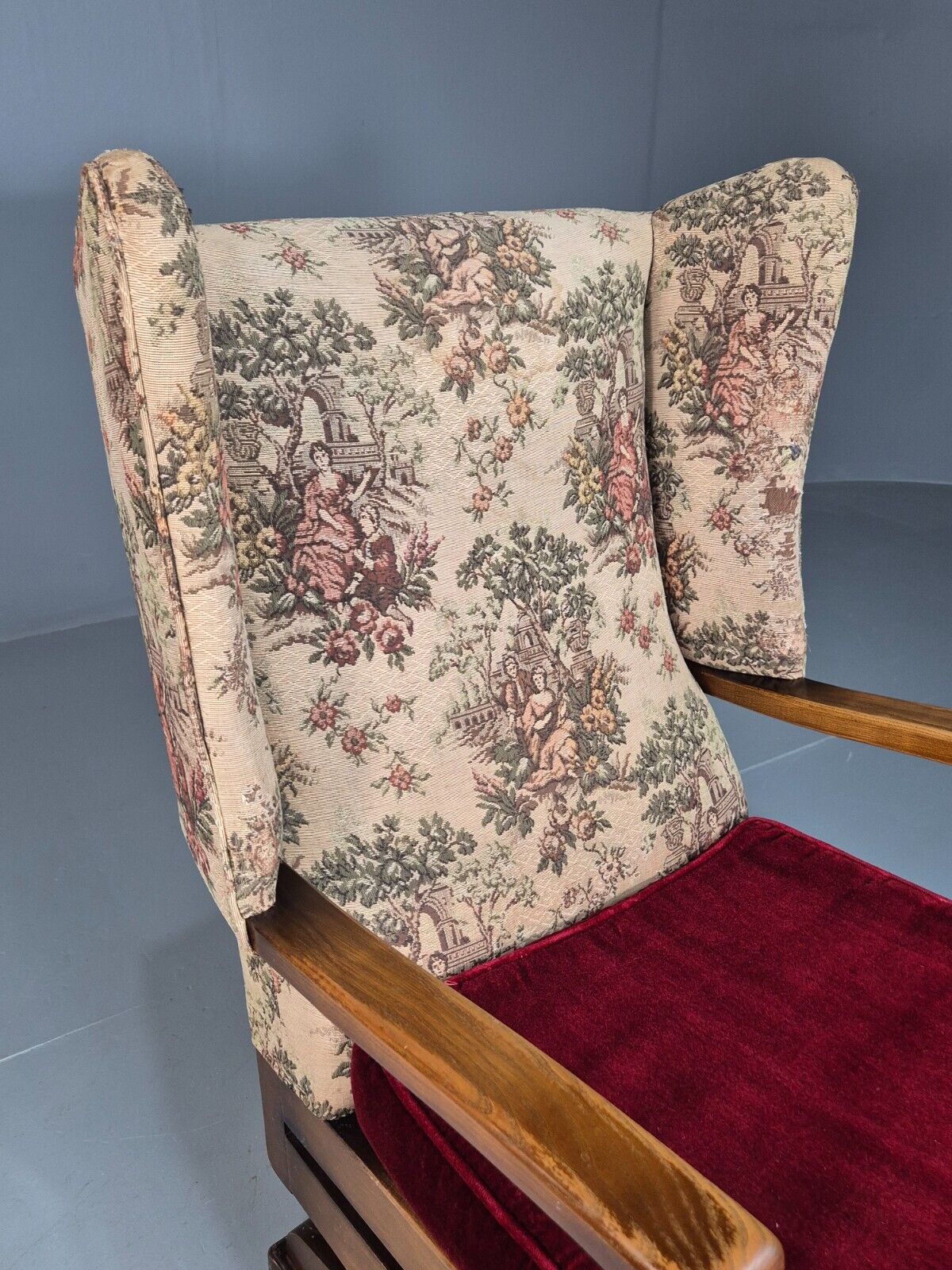 Vintage Wing Back Rocking Chair Floral Upholstery Beech Frame 1950s EB7936 MNOR - UKDK FURNITURE