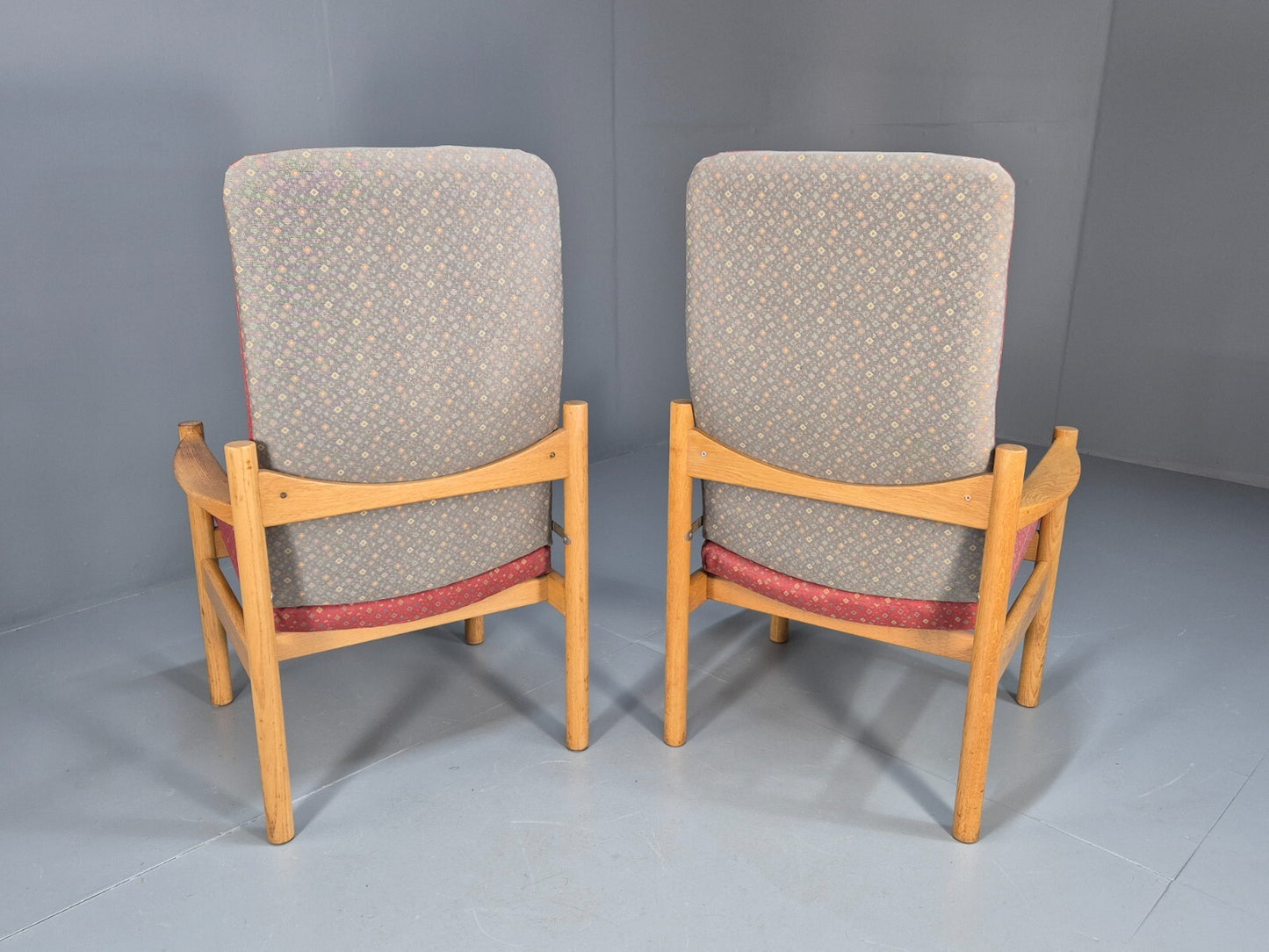 2 Vintage Danish High Back Armchairs Pink and Grey Oak Frame MCM EB9370 MNOR - UKDK FURNITURE